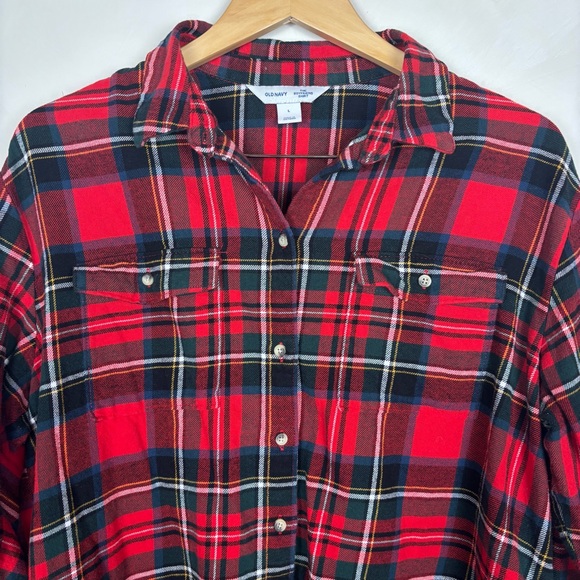 Old Navy Women’s the Boyfriend Red Plaid Flannel L Cabincore Holiday - Picture 2 of 14